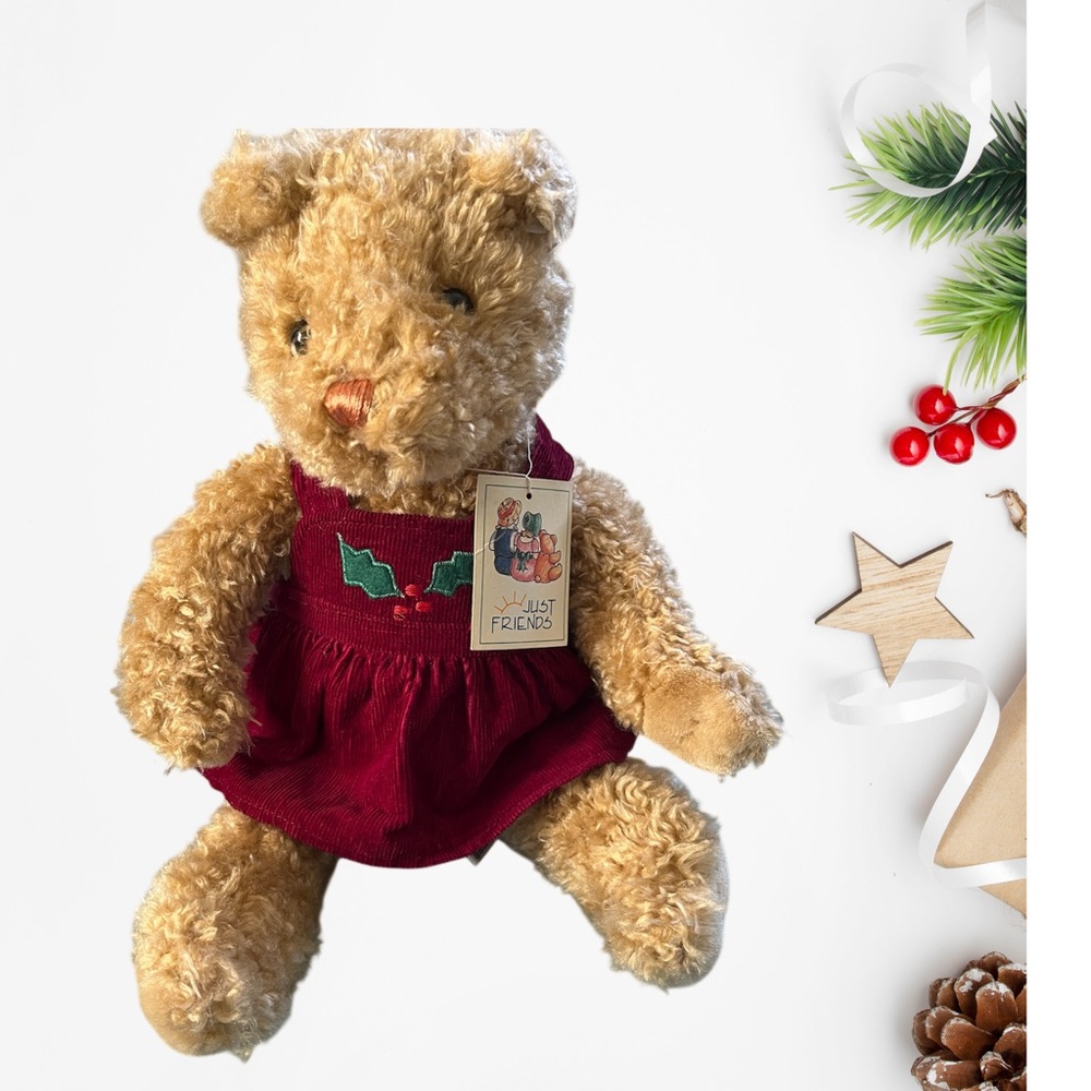 🎈Just Friends Plush Teddy Bear with Red Christmas Dress. 1996 plush